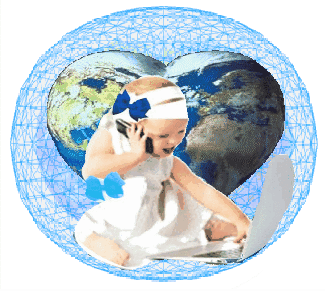 An infant girl sitting on the floor with one hand on the keyboard of a computer laptop that is on the floor in front of her. In her other hand, she is holding a cell phone to her head. Behind her, is a heart shaped depiction of planet Earth that pulses to depict Earth's natural electrical pulse. Behind that, an animated grid like structure depicting Earths natural electromagnetic field also known as Schumann Resonance.