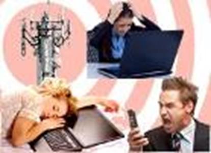 The top of a cell phone tower circular lines extending away from it to represent the electromagnetic wireless field of radiation it emits. To the right, is a man with both his hands on his head as he looks down at a laptop computer. Below him is a man yelling into a cell phone and to his left, a women seated and apparently sleeping with her head and hand resting on an open laptop computer that is on a desk.